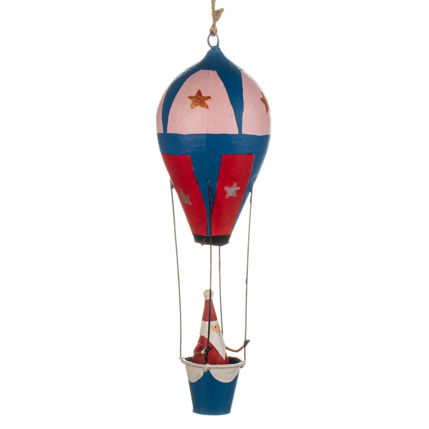 Hand-painted metal Christmas decoration featuring Santa in a blue and red hot air balloon with gold stars