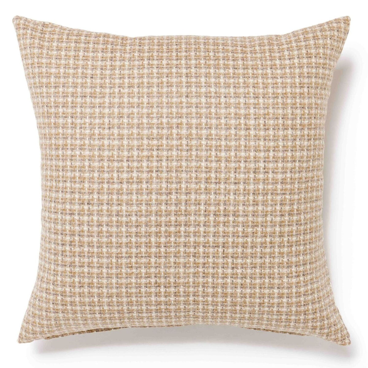 Square beige and cream check wool cushion by Bronte against a plain white background.