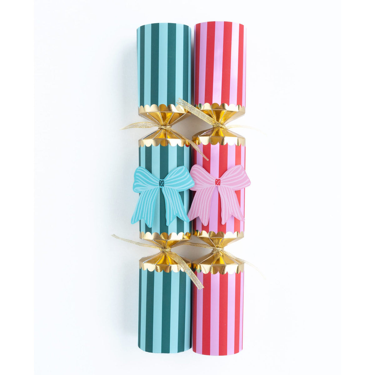 A pair of boutique crackers showing the red and pink and teal and blue colourways.