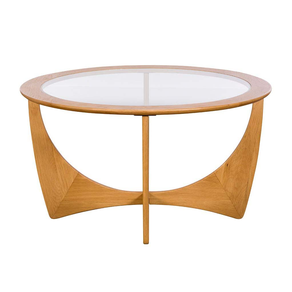 Side profile of the G Plan Larsen coffee table showing the fine oak grain and glass inlay