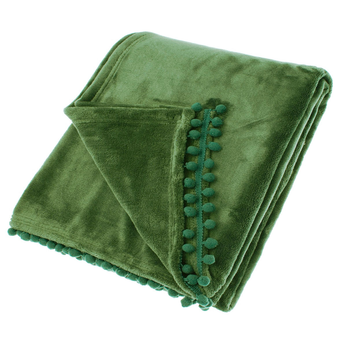Folded dark olive fleece throw with decorative pom-pom braid trim on a white background.