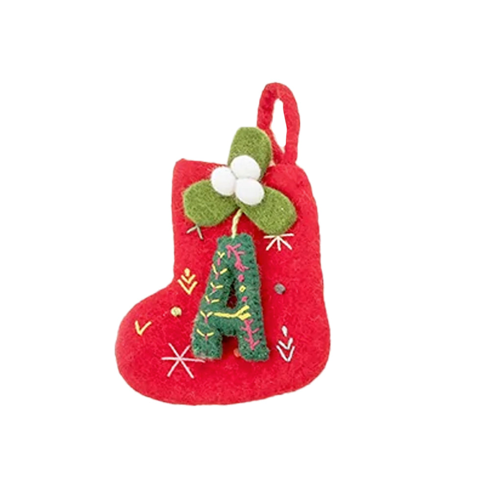 Red felt Christmas stocking ornament with embroidered green letter A and holly detail