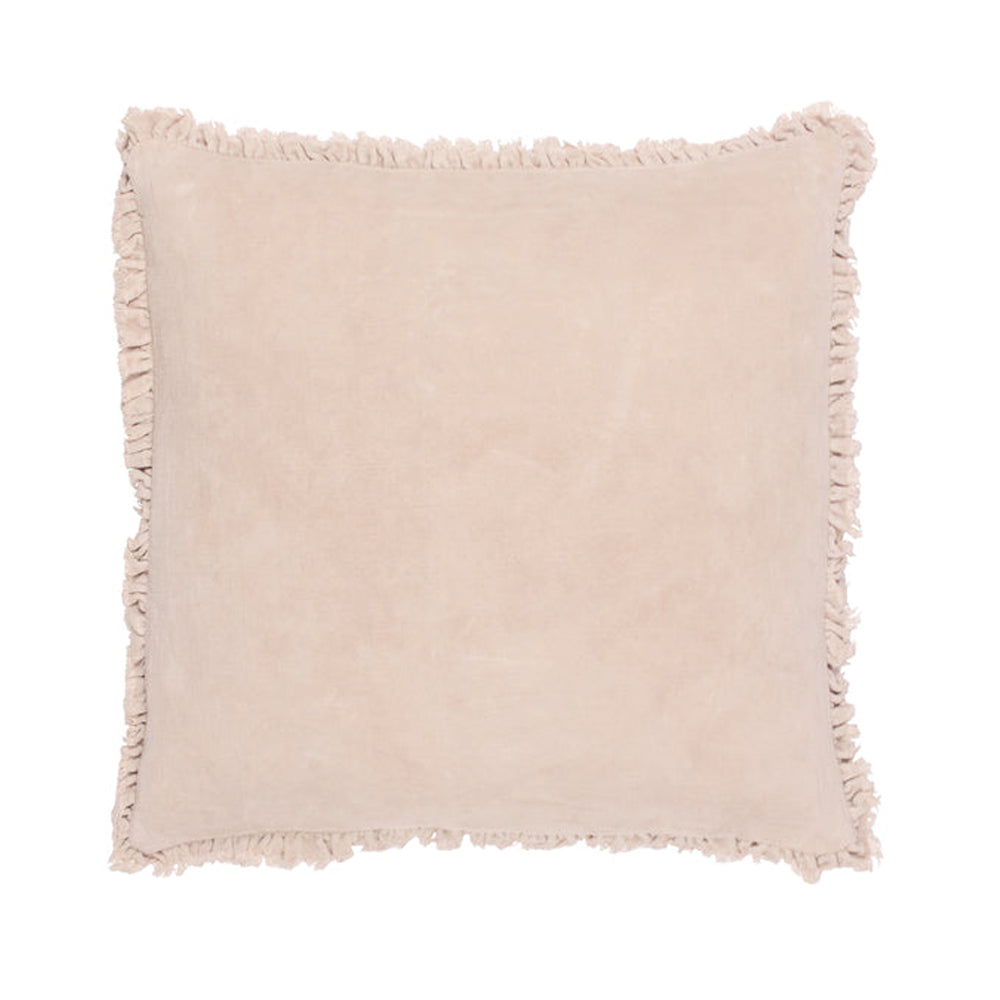 Square Bertie velvet cushion in natural with ruffled fray detailing against a white background