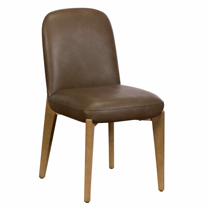Maddison Dining Chair in brown faux leather showing the natural oak leg detail
