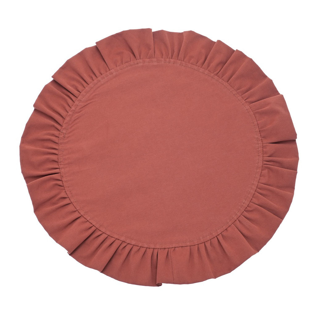 Circular conker brown cotton placemat with a ruffled border edge, shown from above on a white background.
