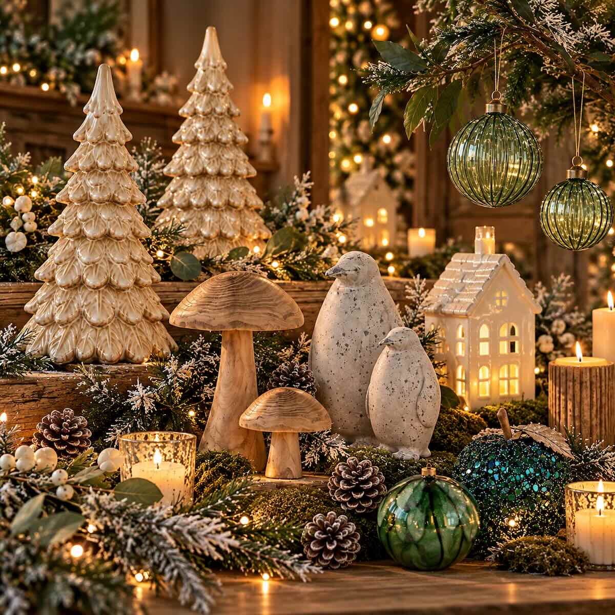 Woodland Christmas decorations with ceramic trees, wooden mushrooms and green baubles
