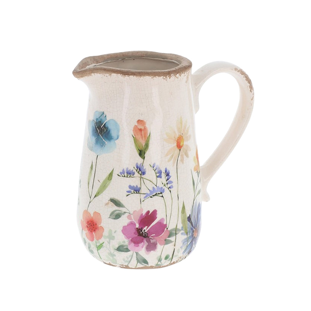 Cottage Garden ceramic jug with colourful floral illustrations and a rustic distressed finish on a white background.