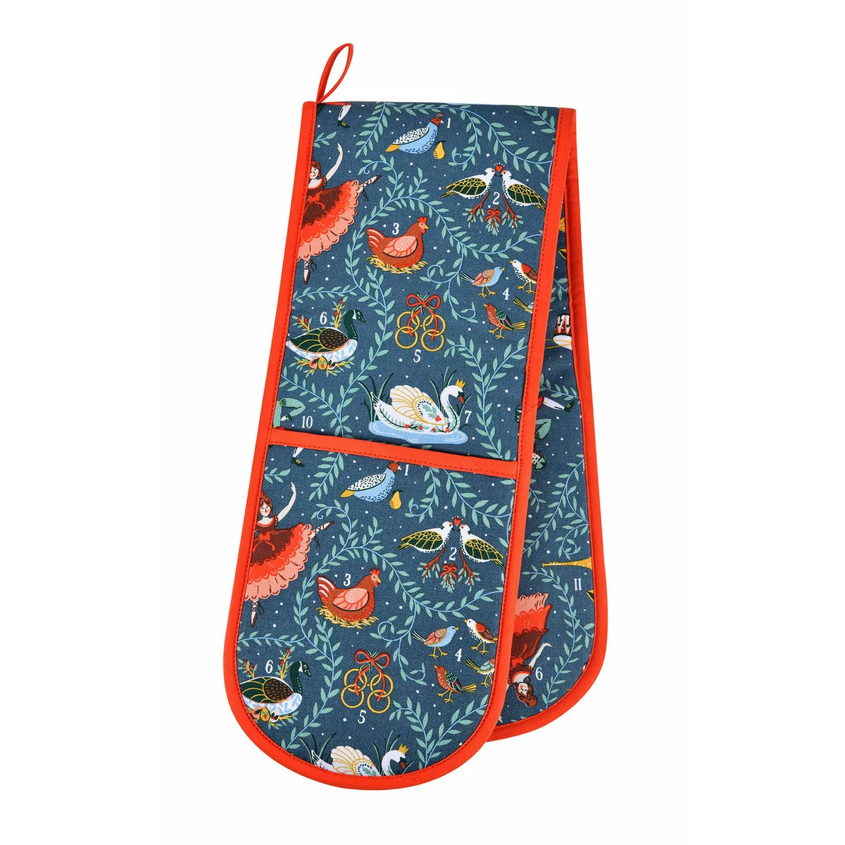 Navy blue double oven glove with 12 Days of Christmas illustrations and bright red trim.