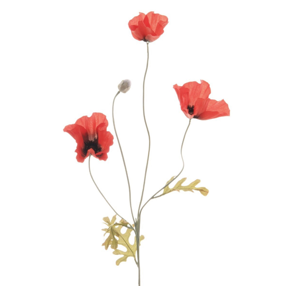 Artificial dark red poppy spray with three open flowers, one bud and green lobed leaves against a white background.