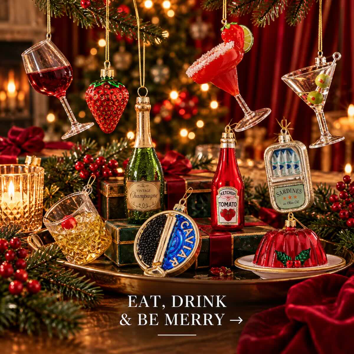 Festive Christmas tableware, decorated glasses and seasonal serving dishes