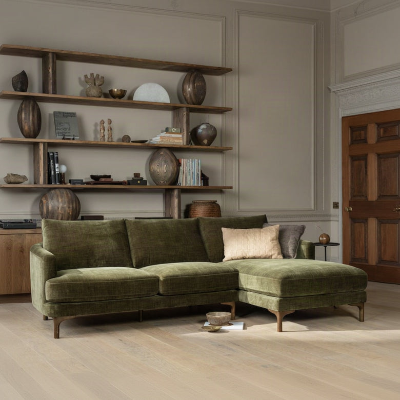 Florence corner sofa in olive green fabric with right-hand chaise and tapered wooden legs
