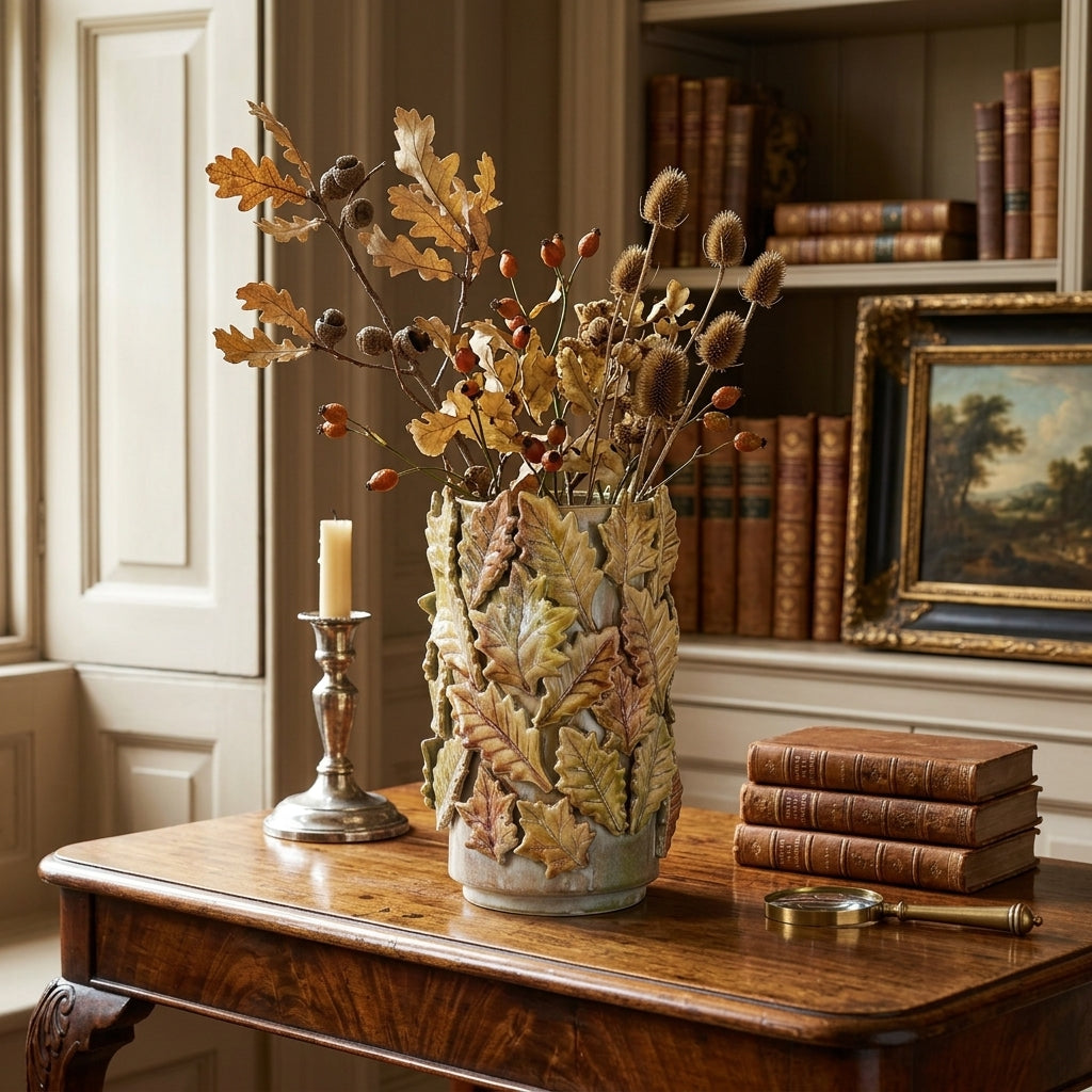 Autumn Leaves Vase styled on a wooden table with dried stems, acorns, and books in a traditional library setting.