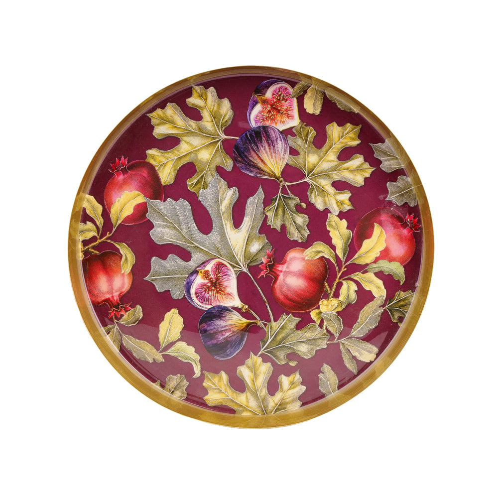 Top-down view of the Gold Metal Tray illustrating the detailed fig, pomegranate, and foliage pattern.