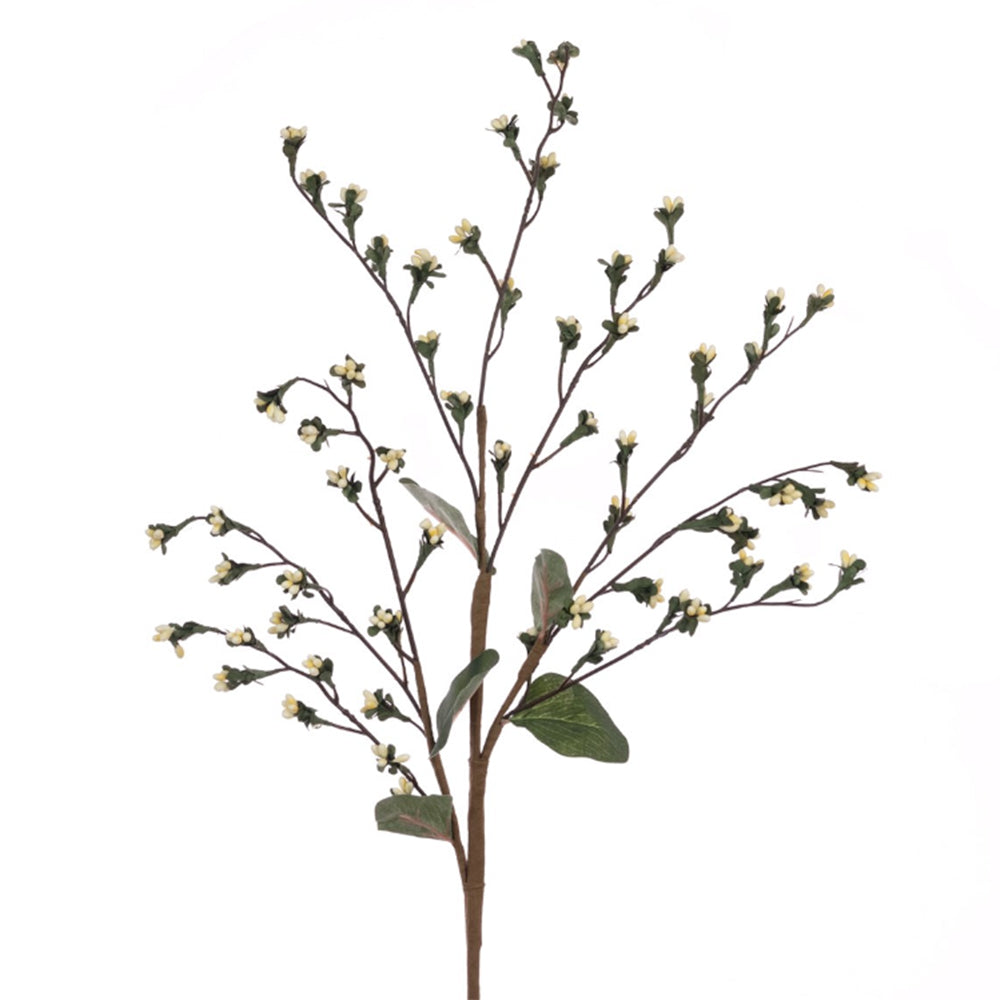Artificial white gypsum berry spray with textured brown branches and small green leaves against a white background.