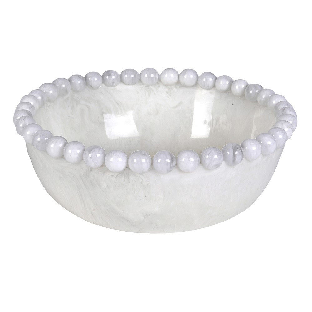 Glossy white resin bowl with a rim of decorative smooth bobbles and a cloudy marble-like finish
