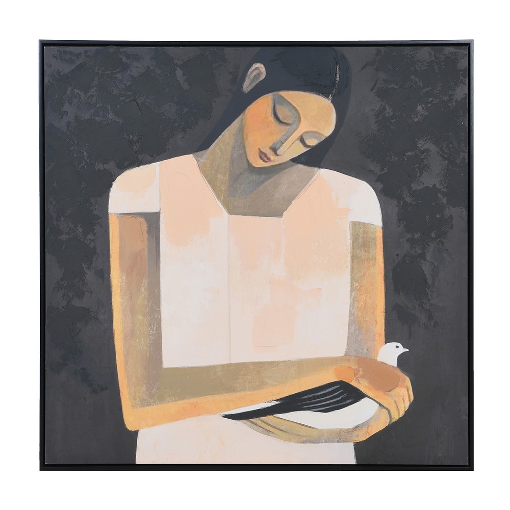 Square canvas artwork featuring a stylized woman with closed eyes cradling a white bird against a dark background