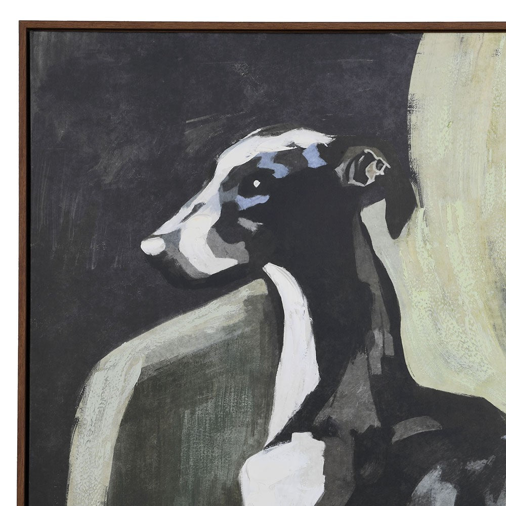 Close-up of the whippet canvas artwork showing the textured print and slim profile wooden frame