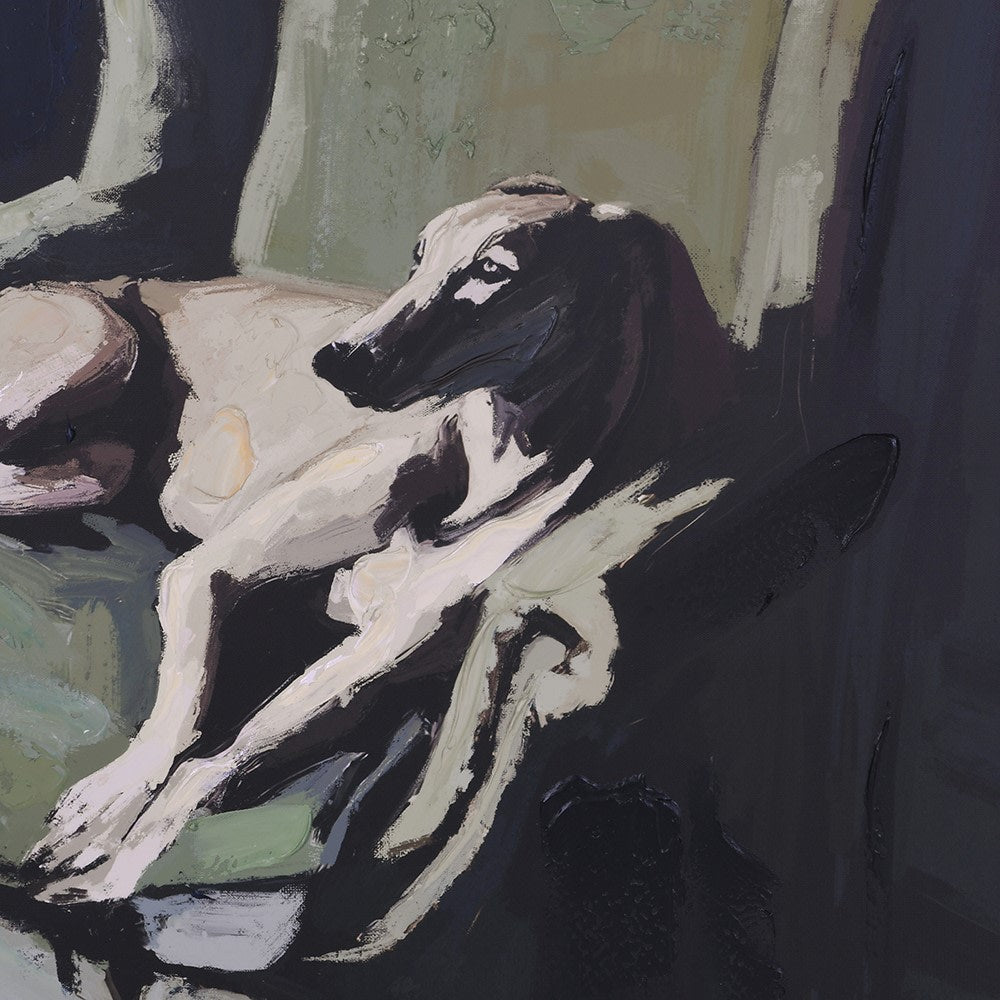 Close-up of the Companion Rest Canvas showing the painterly textures and brushstrokes of the dog's head and neck.