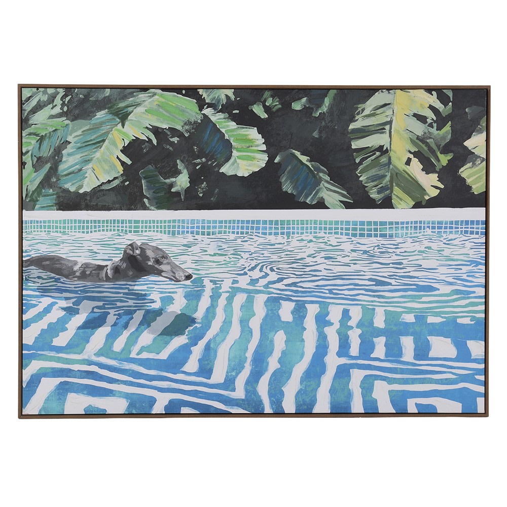 Large landscape Poolside Pooch canvas showing a swimming greyhound in a blue patterned pool with tropical leaves above
