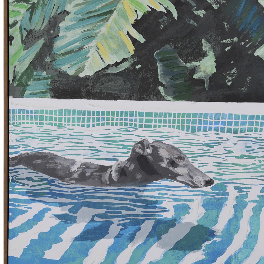 Close-up of the Poolside Pooch artwork showing the textured canvas print and hand-painted style of the swimming dog