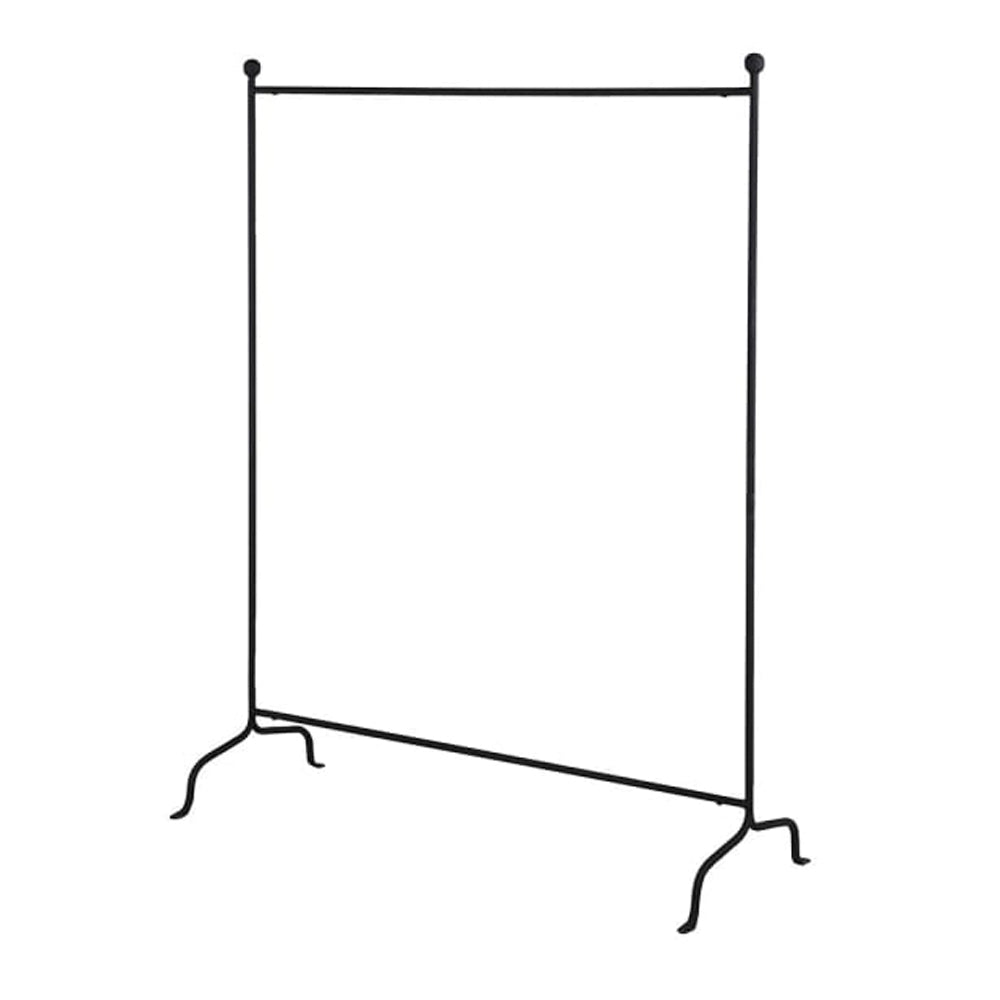 Angled view of a black hammered metal freestanding coat rail with ball finials and curved feet.