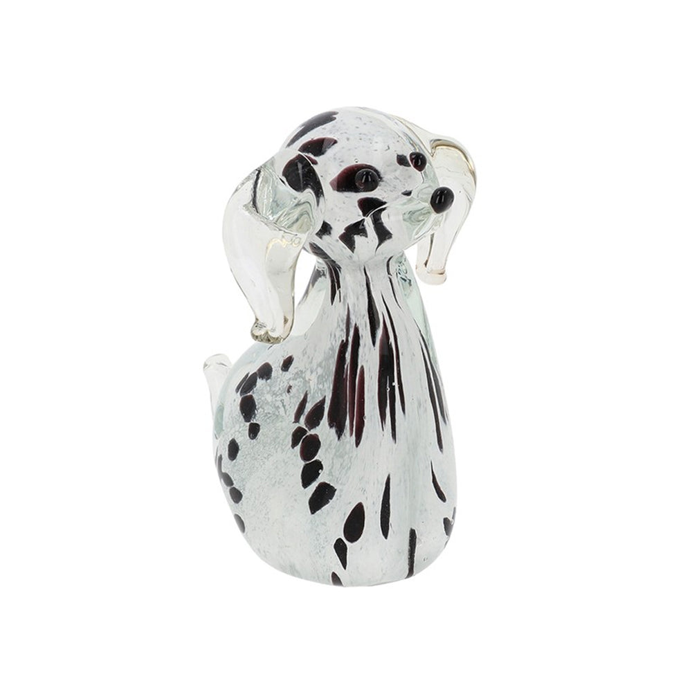 Side profile of a handmade glass Dalmatian ornament with clear ears and dark spots