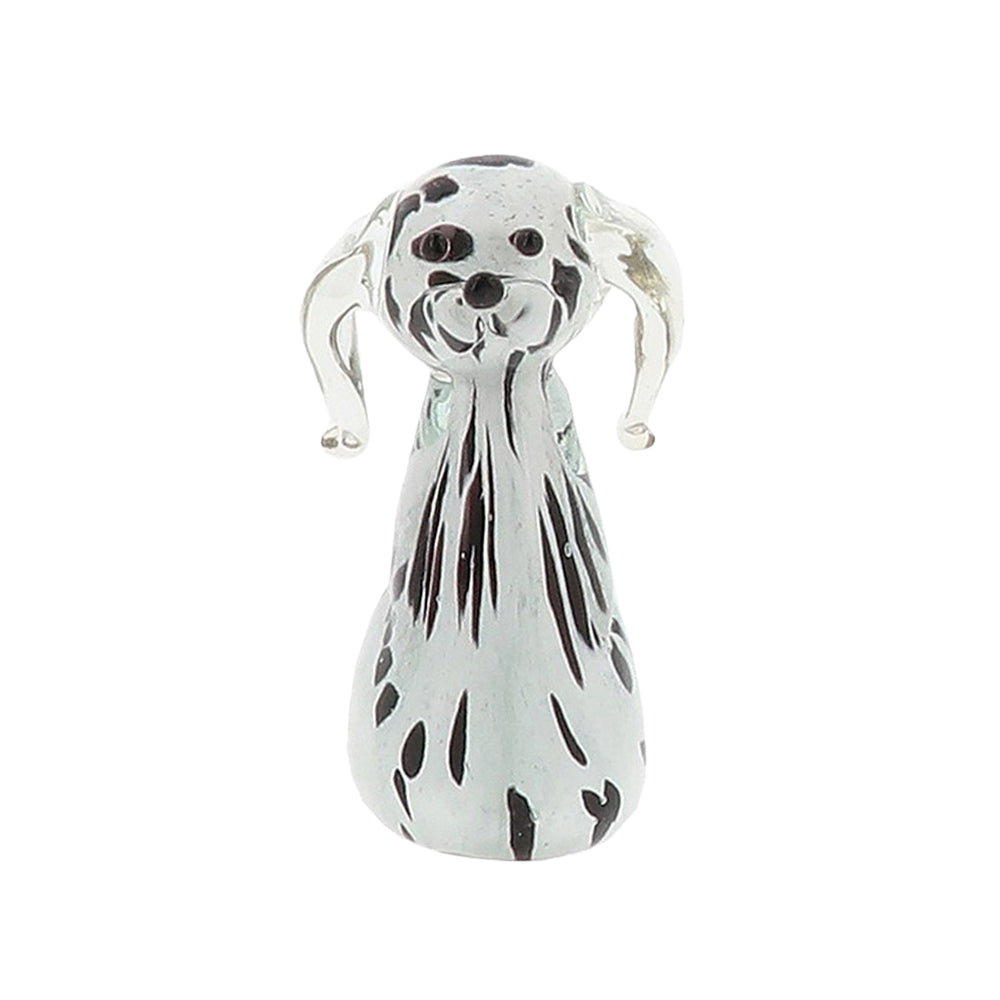 Front view of a handmade glass Dalmatian ornament showing its charming face and unique spotted pattern