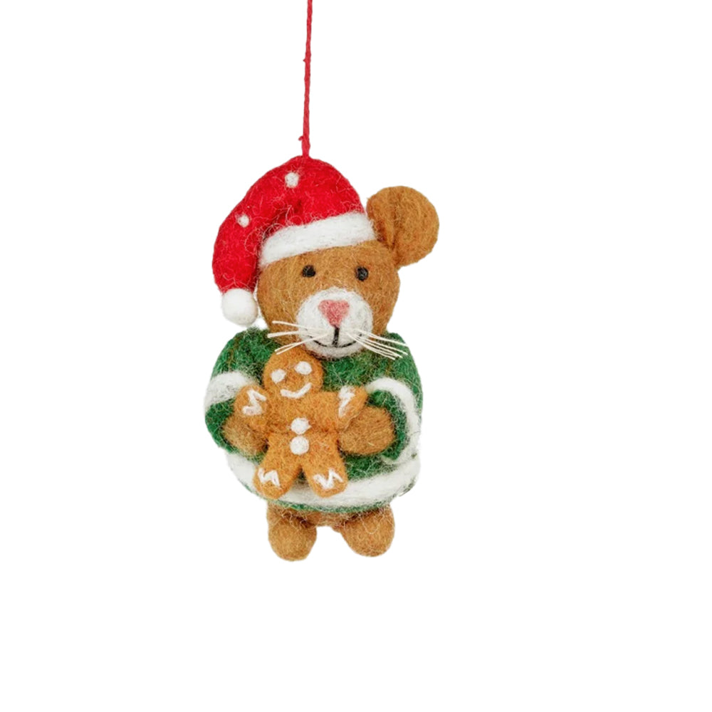 Handmade felt hamster Christmas decoration wearing a red hat and green jumper holding a gingerbread man.