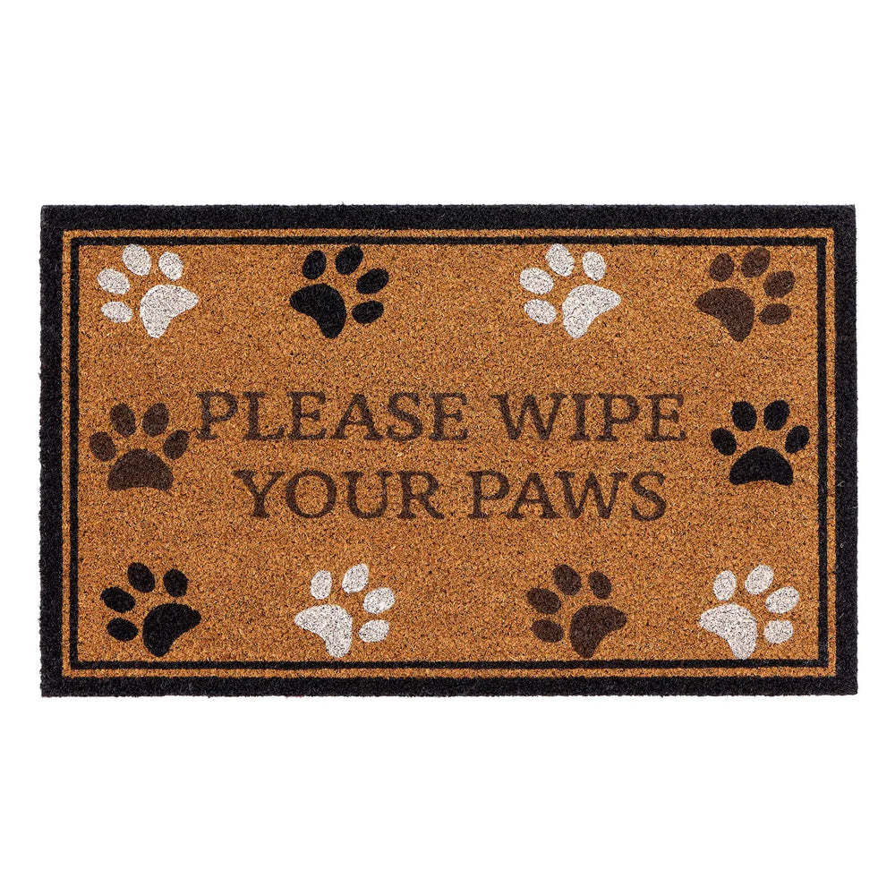 Rectangular brown doormat featuring paw print patterns and 'Please Wipe Your Paws' text with a black border.