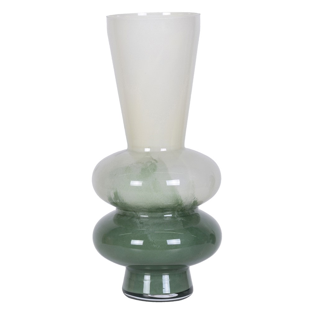 Tall tiered glass vase in cream and green with a wide neck