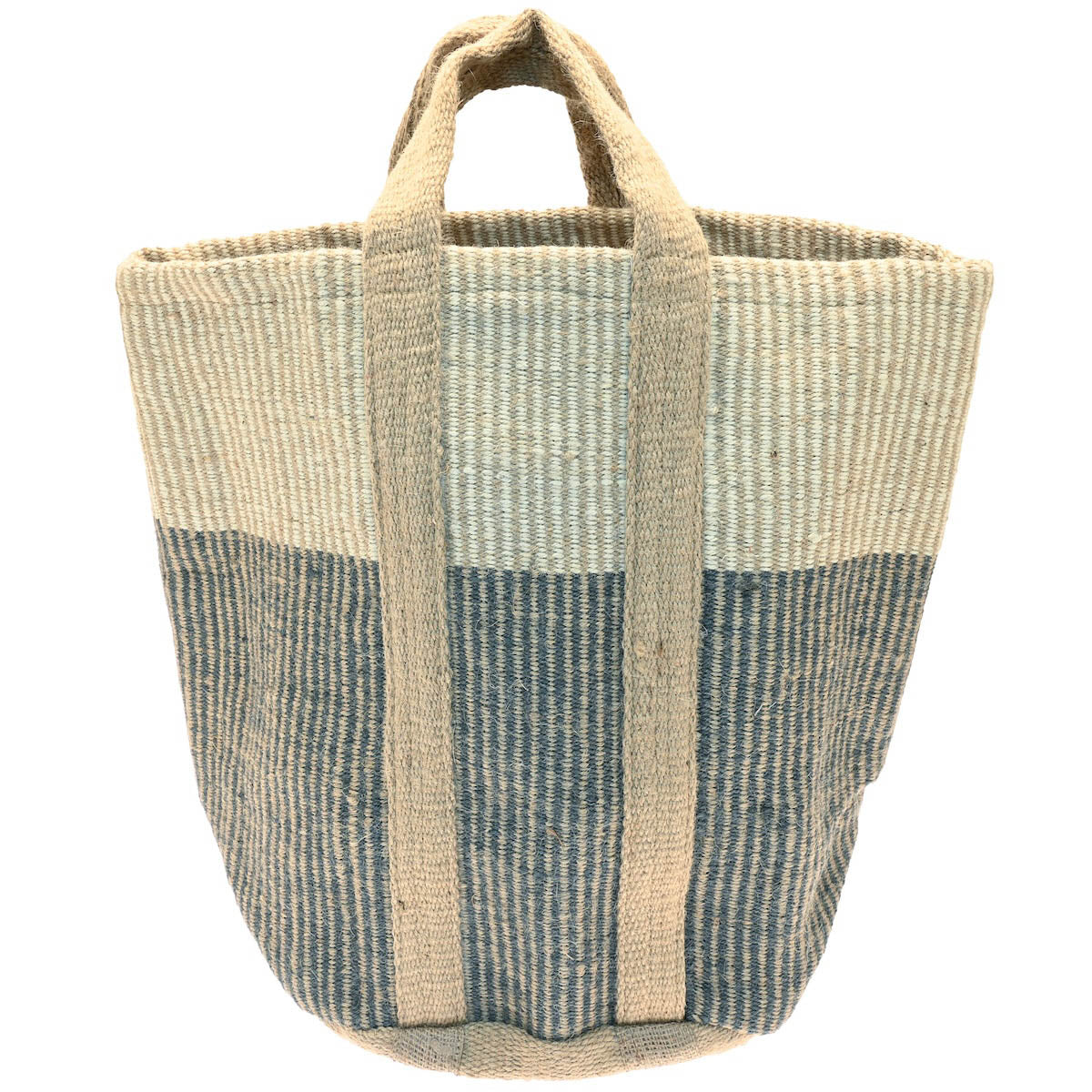 Natural jute storage basket with cream and grey stripes and integrated wrap-around handles.