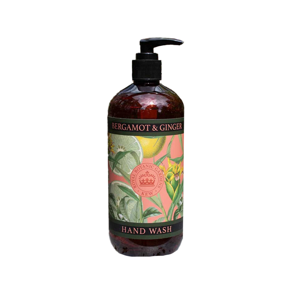 Kew Gardens Bergamot and Ginger hand wash in a dark bottle with a botanical label featuring citrus and floral art.