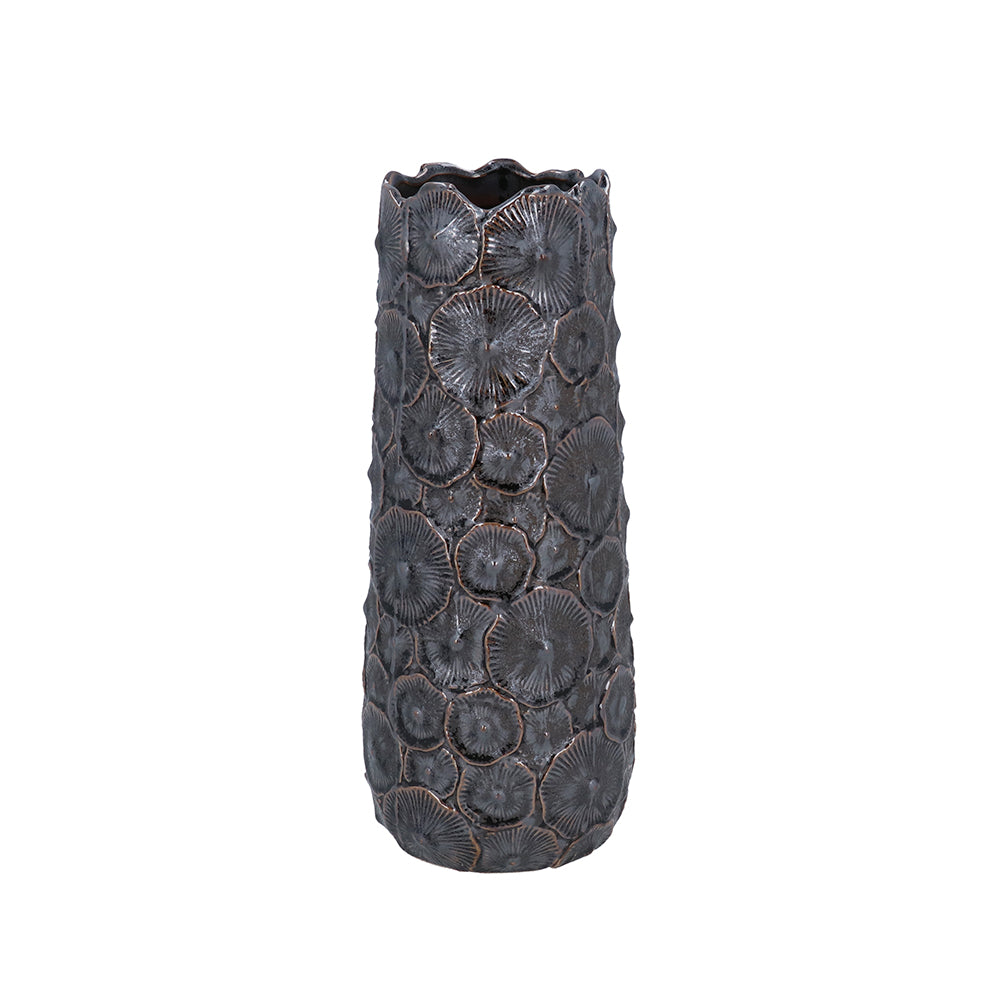 Textured metallic brown stoneware vase with raised mushroom cap motifs and a scalloped rim.