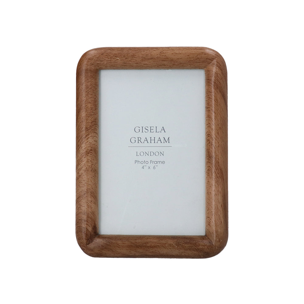 Portrait view of a natural wood photo frame with a smooth rolled edge design and visible wood grain.