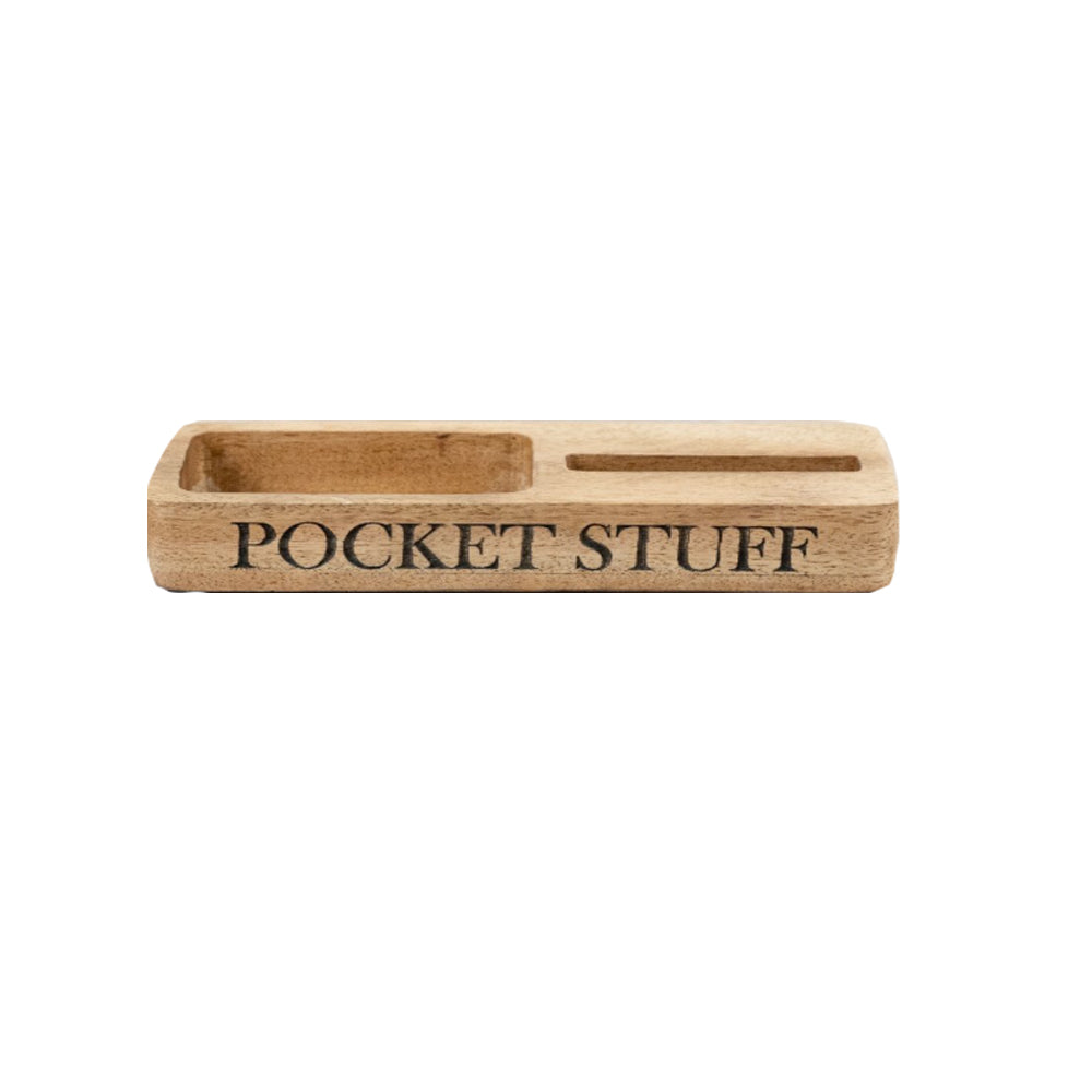 Natural wood phone stand and organiser tray with 'Pocket Stuff' printed on the front side.