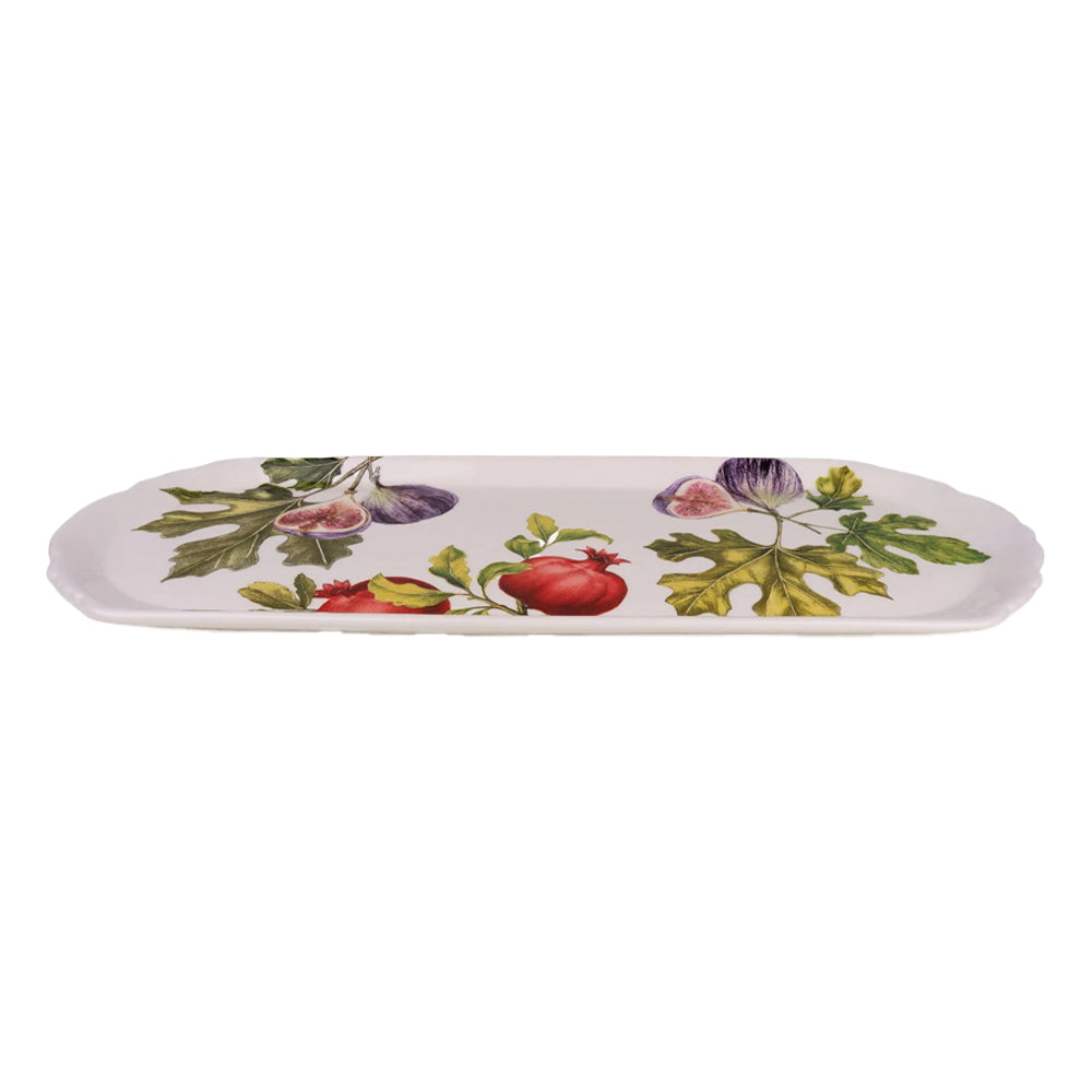 Side profile view showing the low 3cm height and scalloped rim of the Fig & Pomegranate serving platter