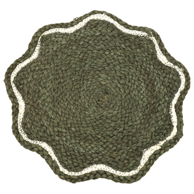 Green scalloped jute placemat showing the circular woven texture and white stitched border detail.