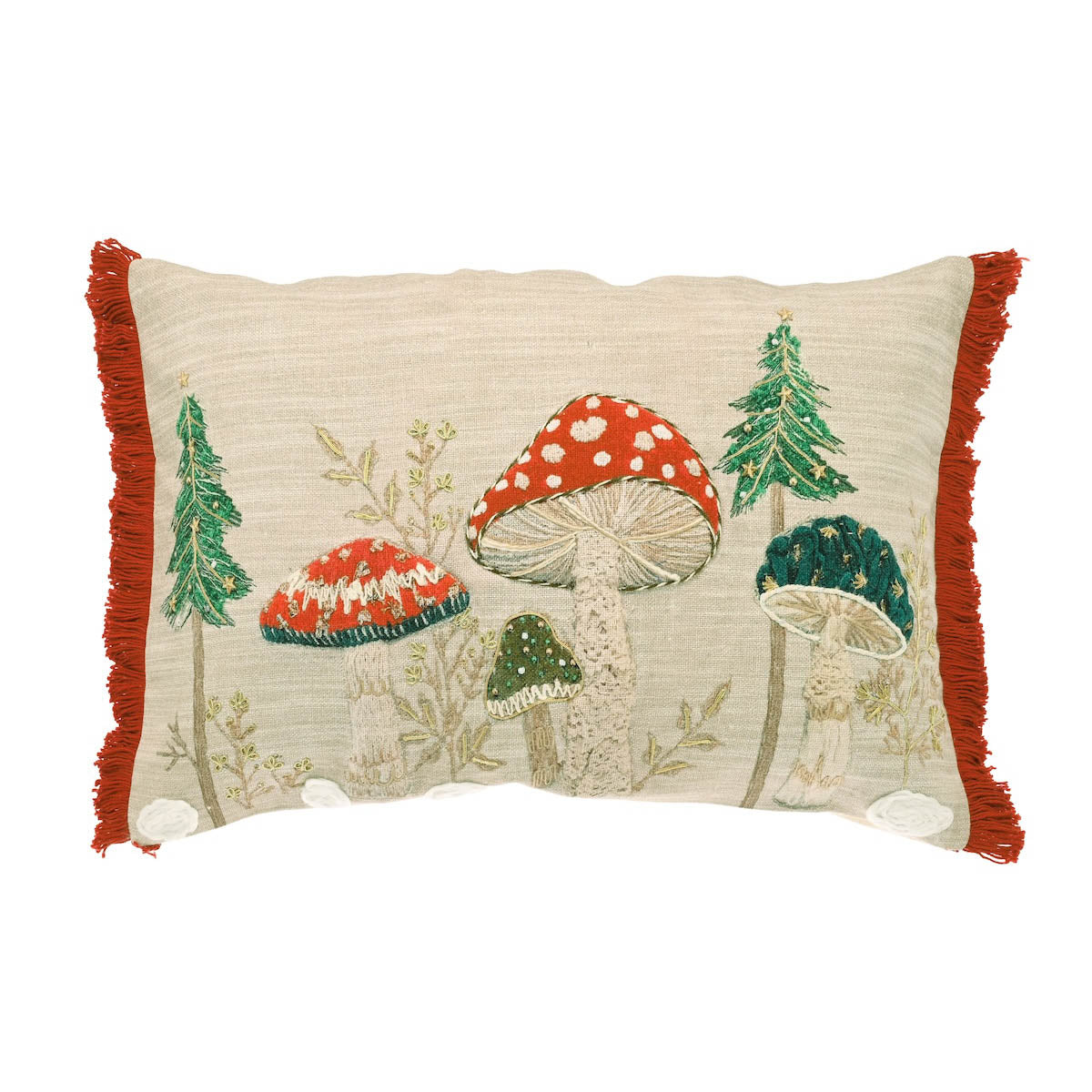 Rectangular cream cotton cushion with embroidered red and green toadstools and a red fringed border.
