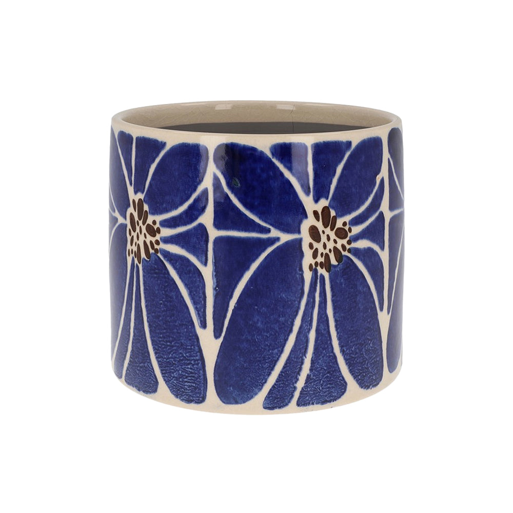 Blue glazed ceramic planter featuring a contemporary large white petal pattern with dark brown accents