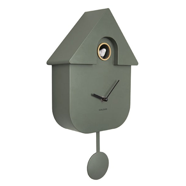 Side angle view showing the depth and metallic frame of the Jungle Green modern cuckoo clock