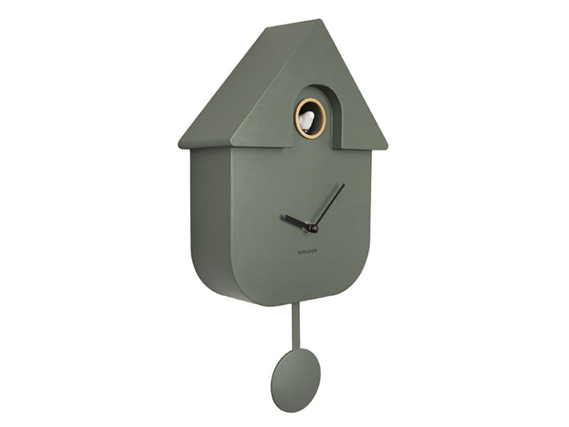 Side angle view showing the depth and metallic frame of the Jungle Green modern cuckoo clock