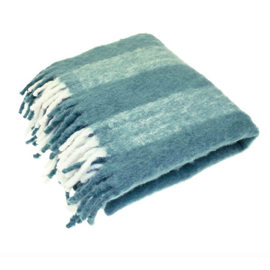Folded glacier blue and white striped wool blend throw with traditional lambs tail fringing