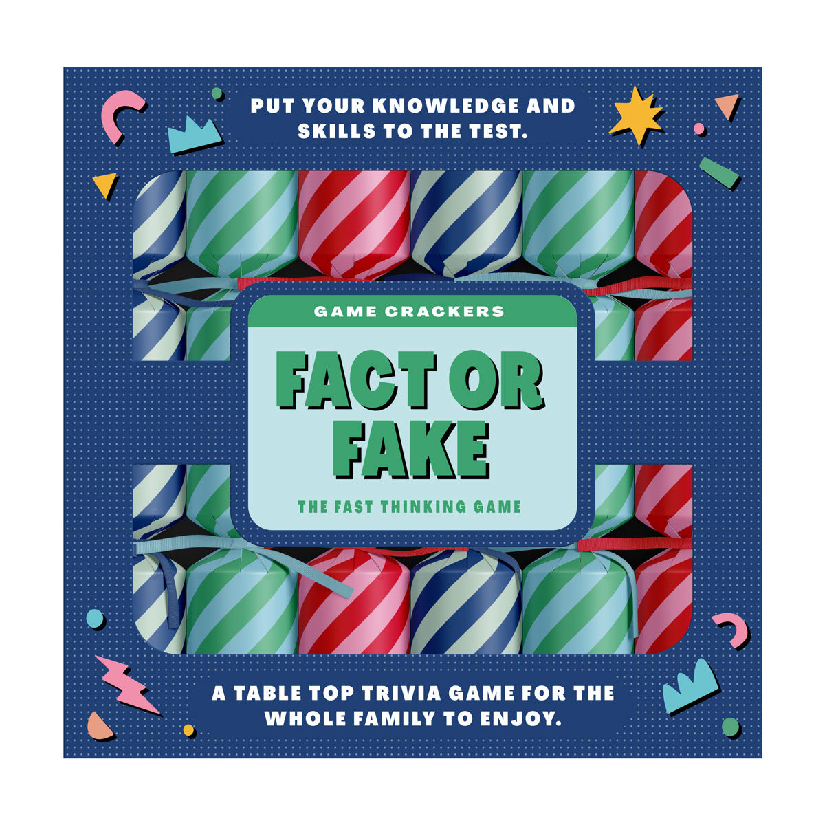 Fact or Fake trivia game crackers box with striped designs in blue, green, and red.