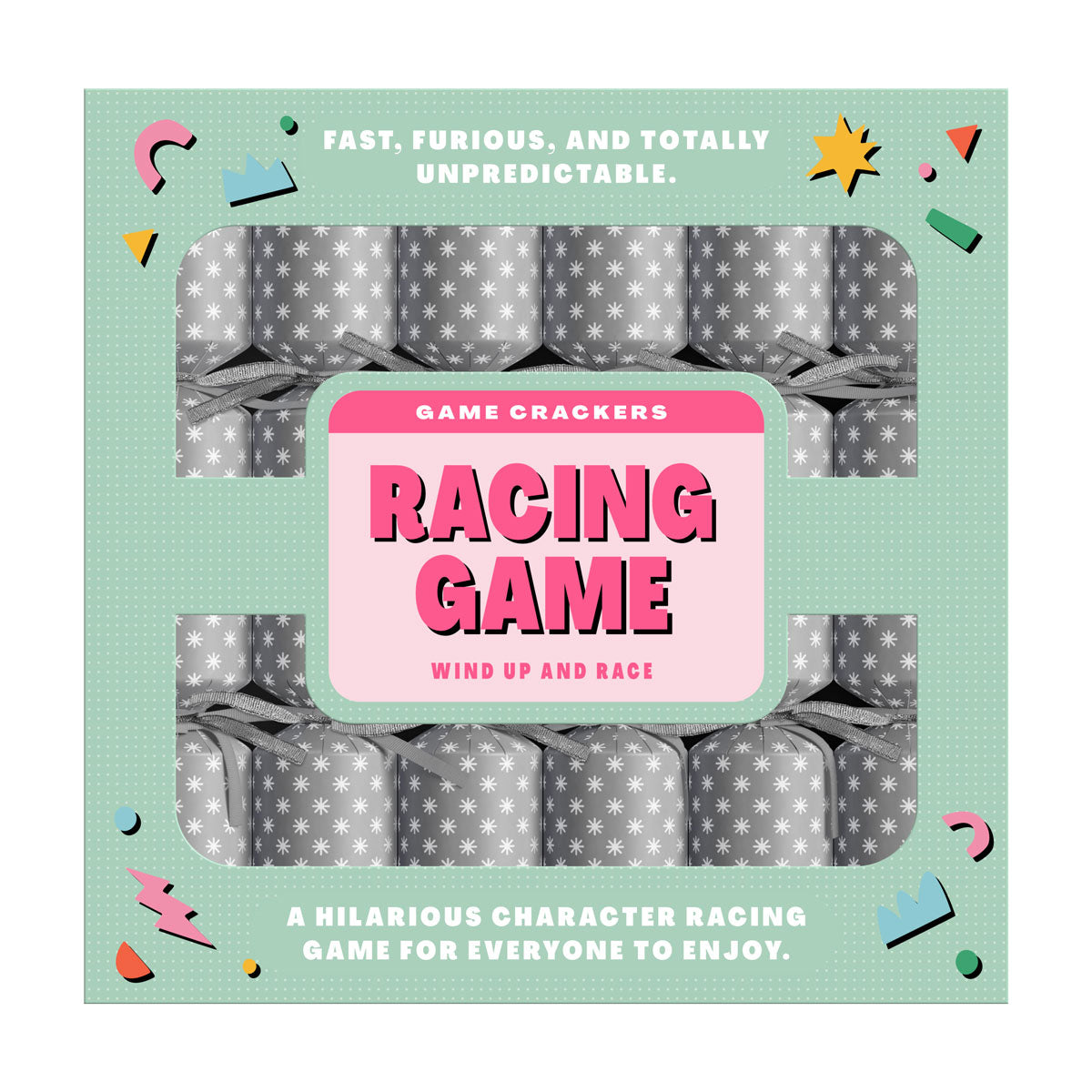 Box of 6 Racing Game crackers with silver snowflake pattern and green packaging