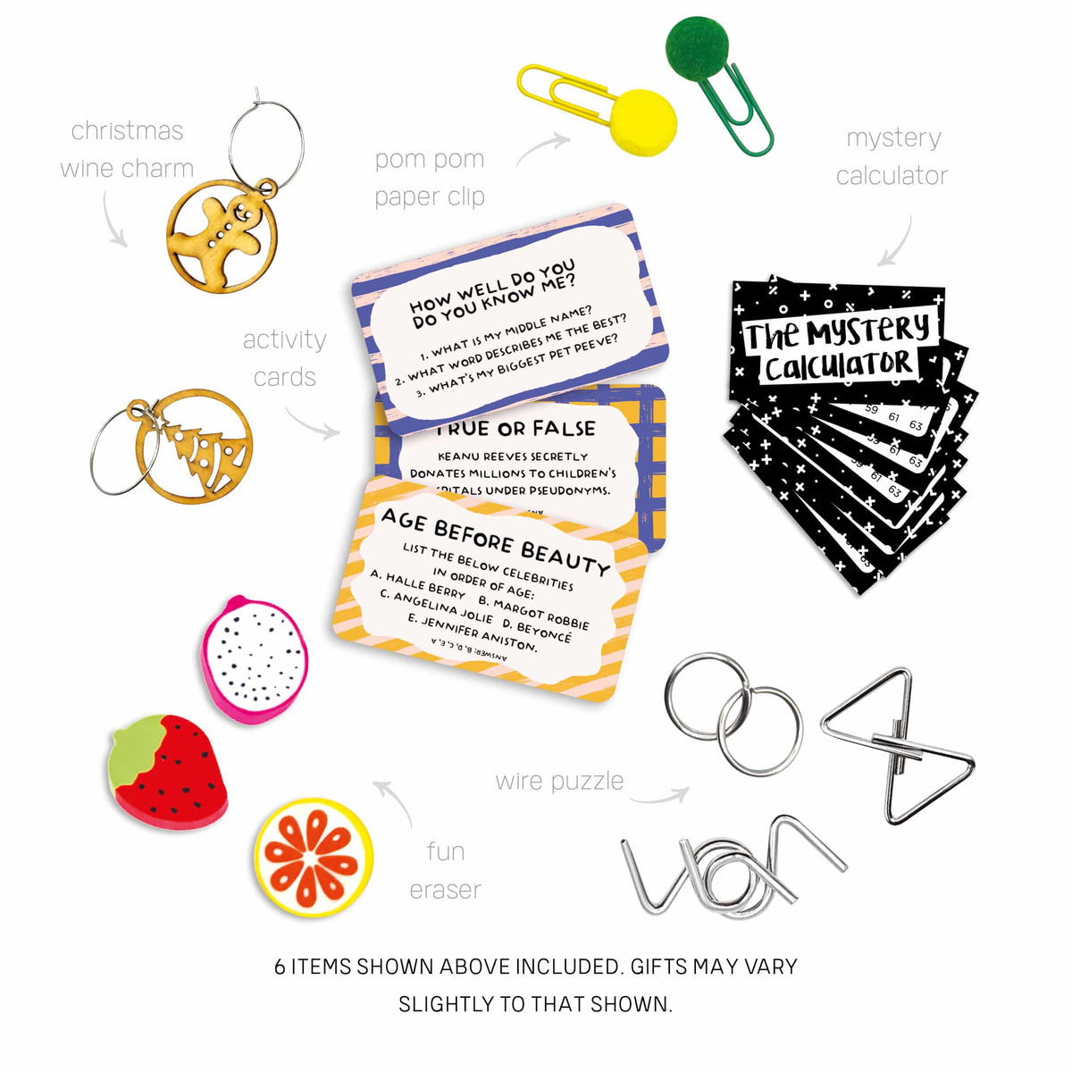 Illustration of cracker gifts including wine charms, puzzles, and activity cards