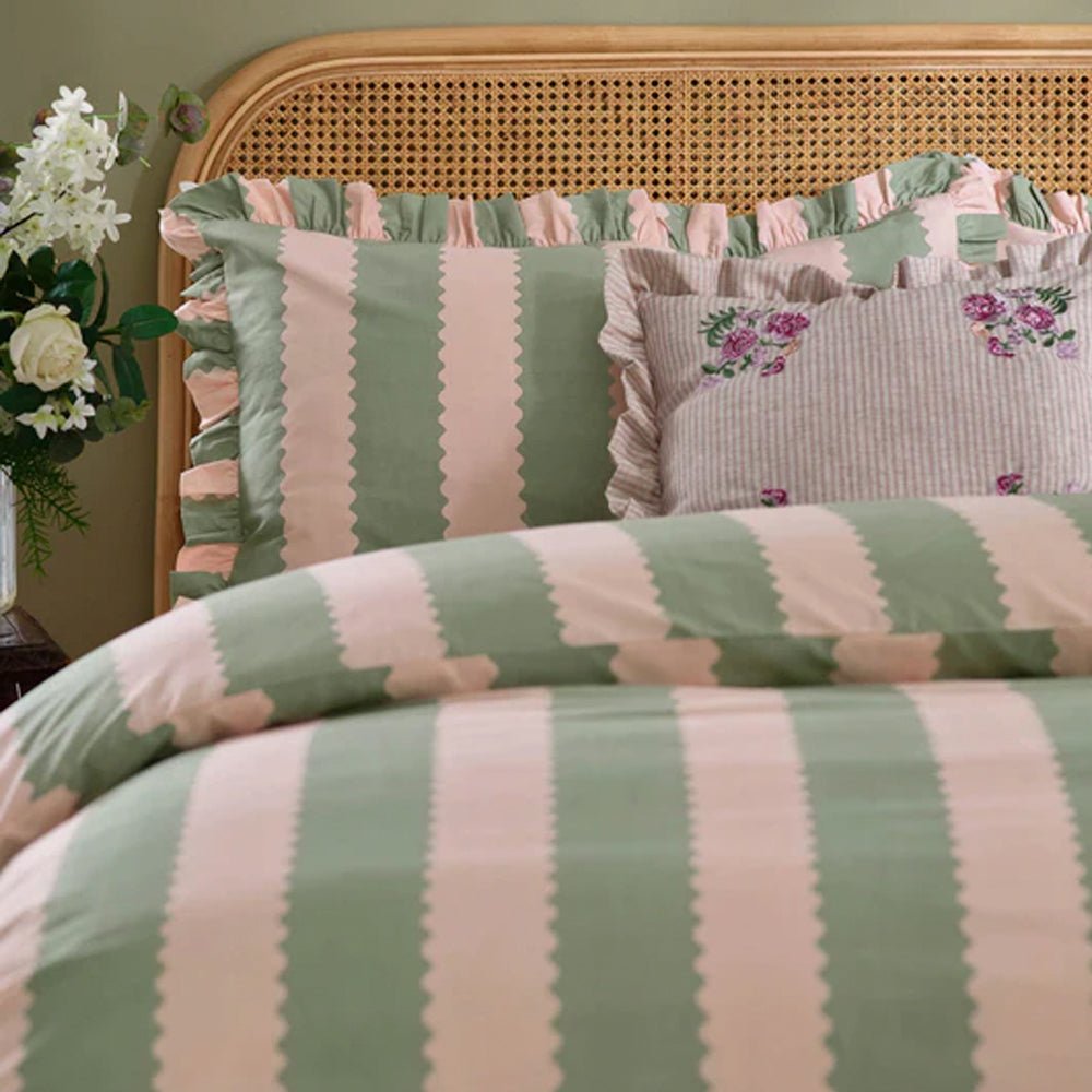 Birdie Stripe Ruffle Duvet Cover Set, Pink & Green Superking(6'),Kingsize(5'),Single(3'),Double(4')