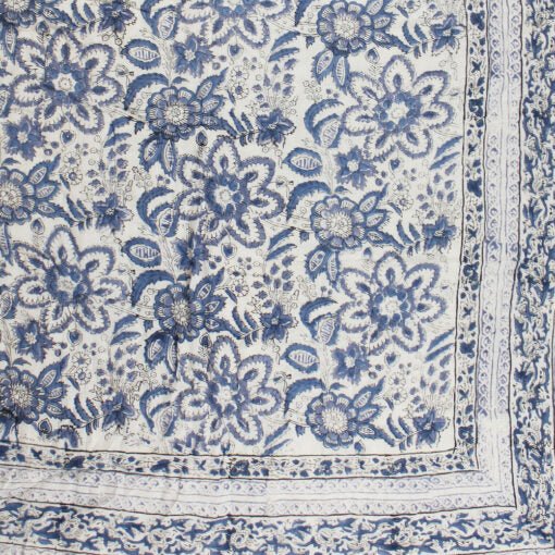 Blue and White Floral Print Cotton Bedspread