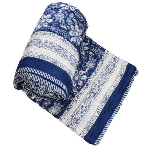 Blue and White Floral Print Cotton Bedspread