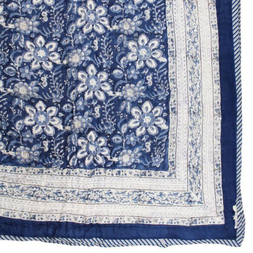 Blue and White Floral Print Cotton Bedspread