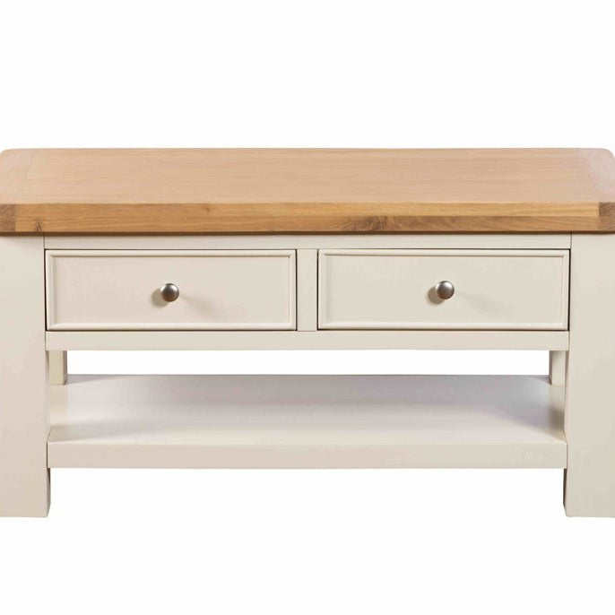 Front view of the Burford coffee table showing the two symmetrical drawers with metal handles